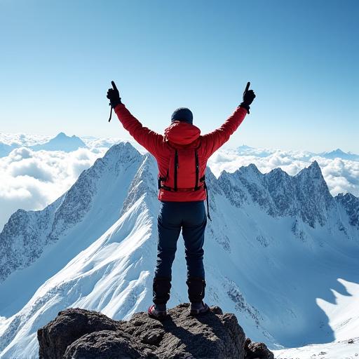 Alpinista in cima a una montagna con attrezzatura Stromboli Gear