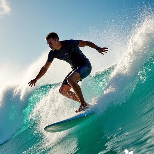 Surfista che cavalca un'onda indossando un costume Stromboli Gear