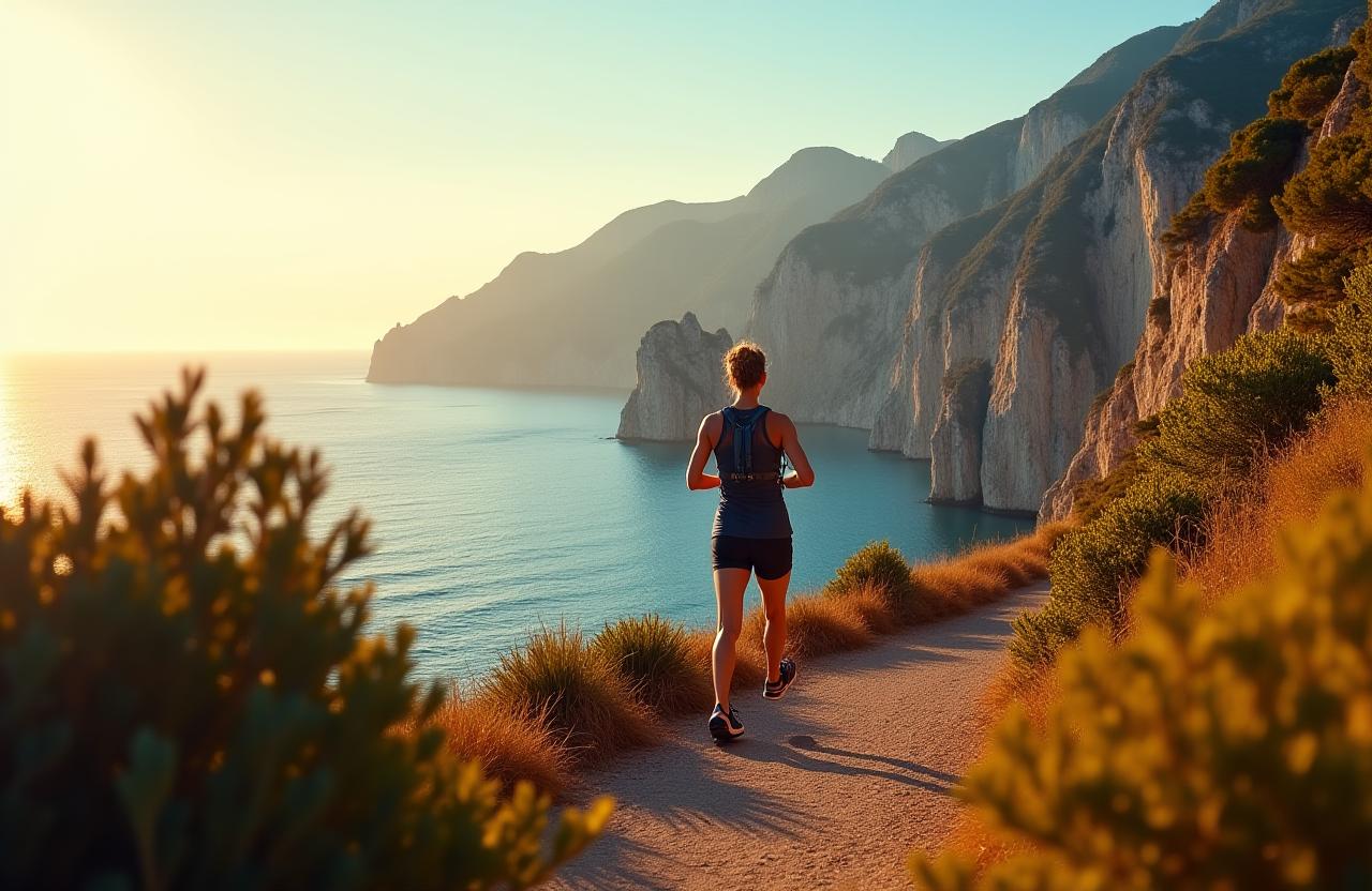 Atleta che corre lungo un sentiero costiero con vista sui Faraglioni di Capri